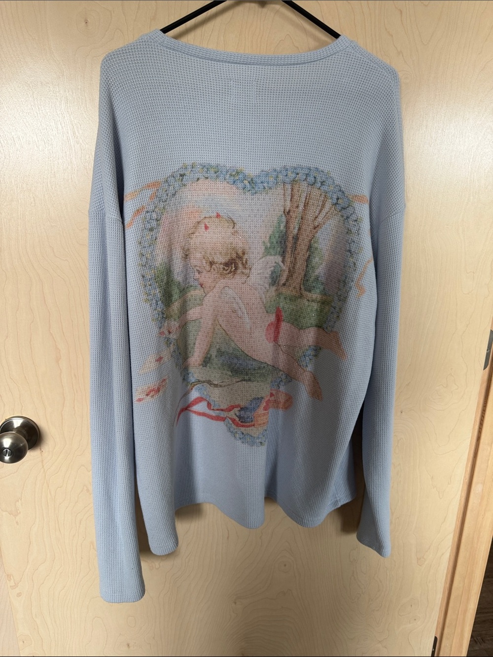 Boys Lie Women’s Thermal Cherub Heart Print with crystals.  Blue